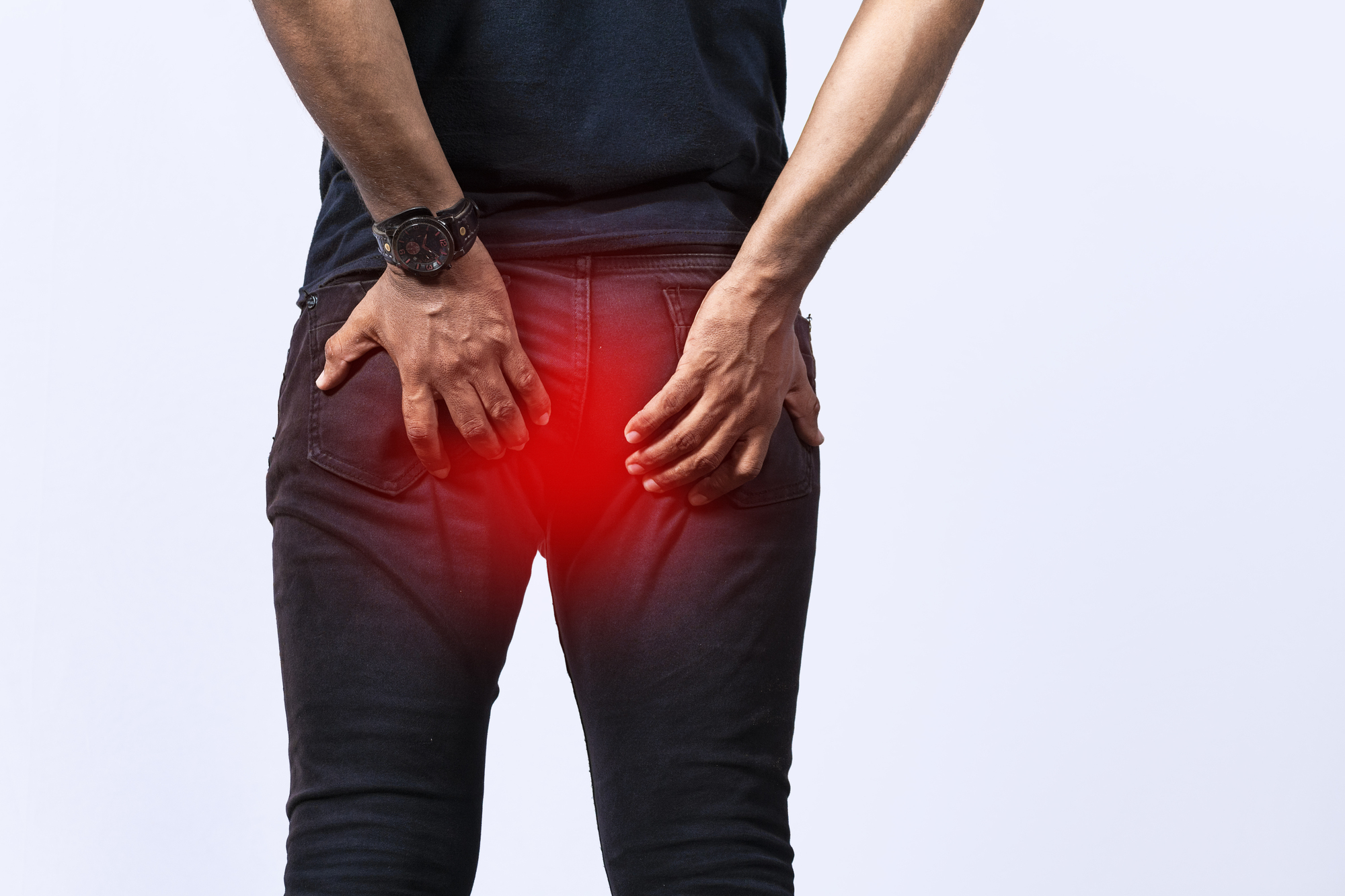 People with digestive problem touching his buttock, man with hemorrhoid problem on isolated background, People with diarrhea problem Imagem Coloproctologia
